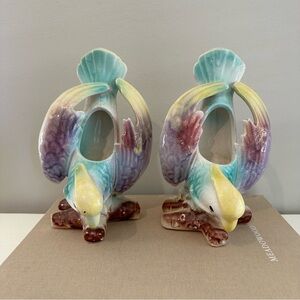 Vintage Morton Parrot Cockatiel Multicolored 8” Tall Wall Planter Retro Pair